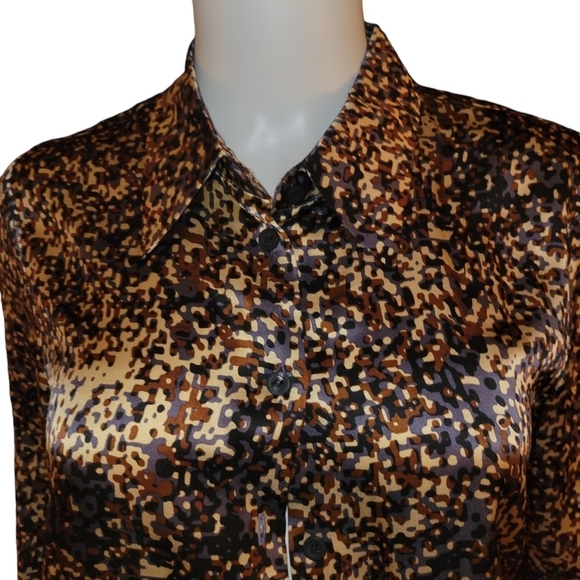 Anne Klein 2 Silk Blouse Long Sleeves 8 Tan Blue - Picture 1 of 4